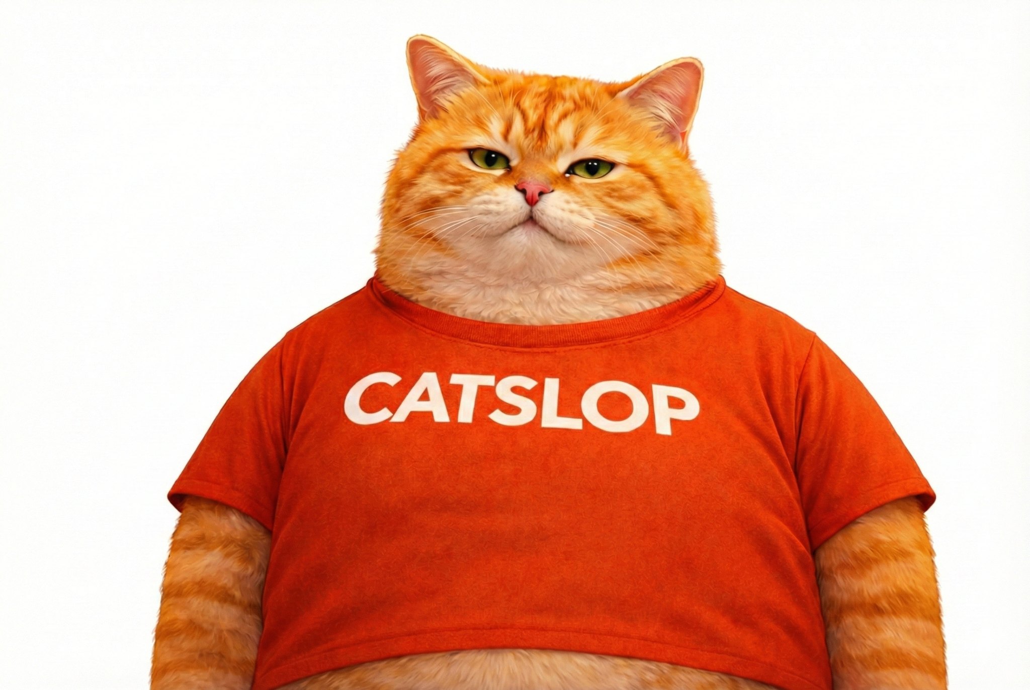 Catslop - a chubby orange cat wearing a red CATSLOP shirt